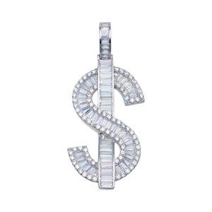Sterling Silver 925 Rhodium Plated Dollar Sign Baguette CZ Hip Hop Pendant